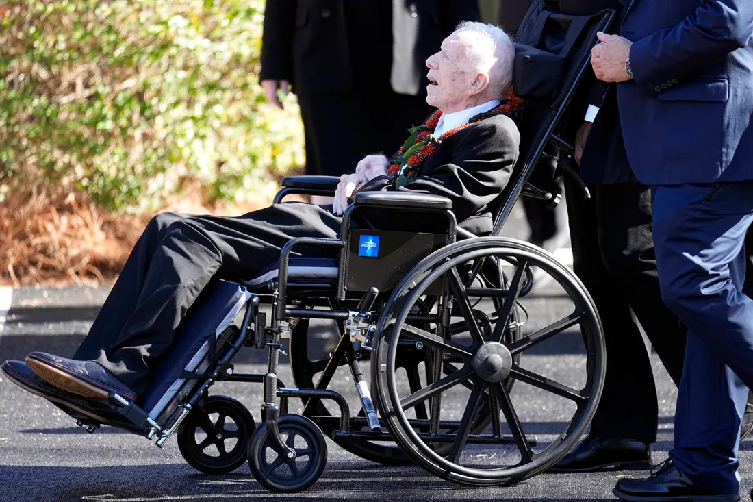 Former President Jimmy Carter departs after attending the funeral service for his wife, Rosalynn Carter, at Maranatha Baptist Church, in Plains, Ga., Nov. 29, 2023. AP Photo/John Bazemore